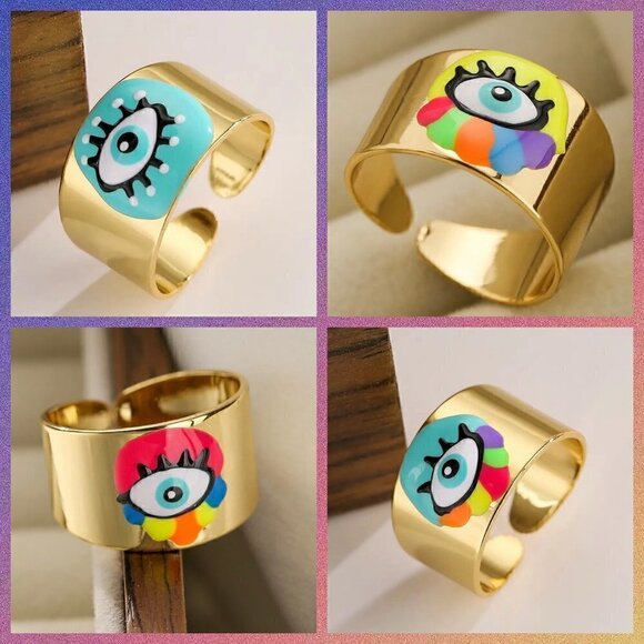 Boho Evil Eye Enamel and Copper Adjustable Ring #1300 YELLOW - Picture 10 of 14